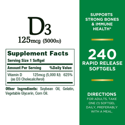 Nature's Bounty Vitamin D3, 5000 IU Immune Health Softgels, 240 CT