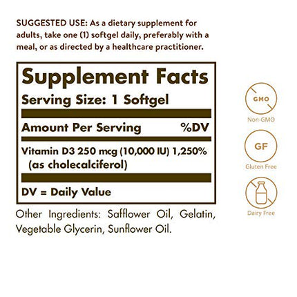 Solgar Vitamin D3 (Cholecalciferol) 10000U  Softgels, 120 Count (Pack of 2)