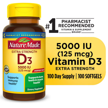 Nature Made Extra Strength Vitamin D3 5000 IU Softgels, 100 Count